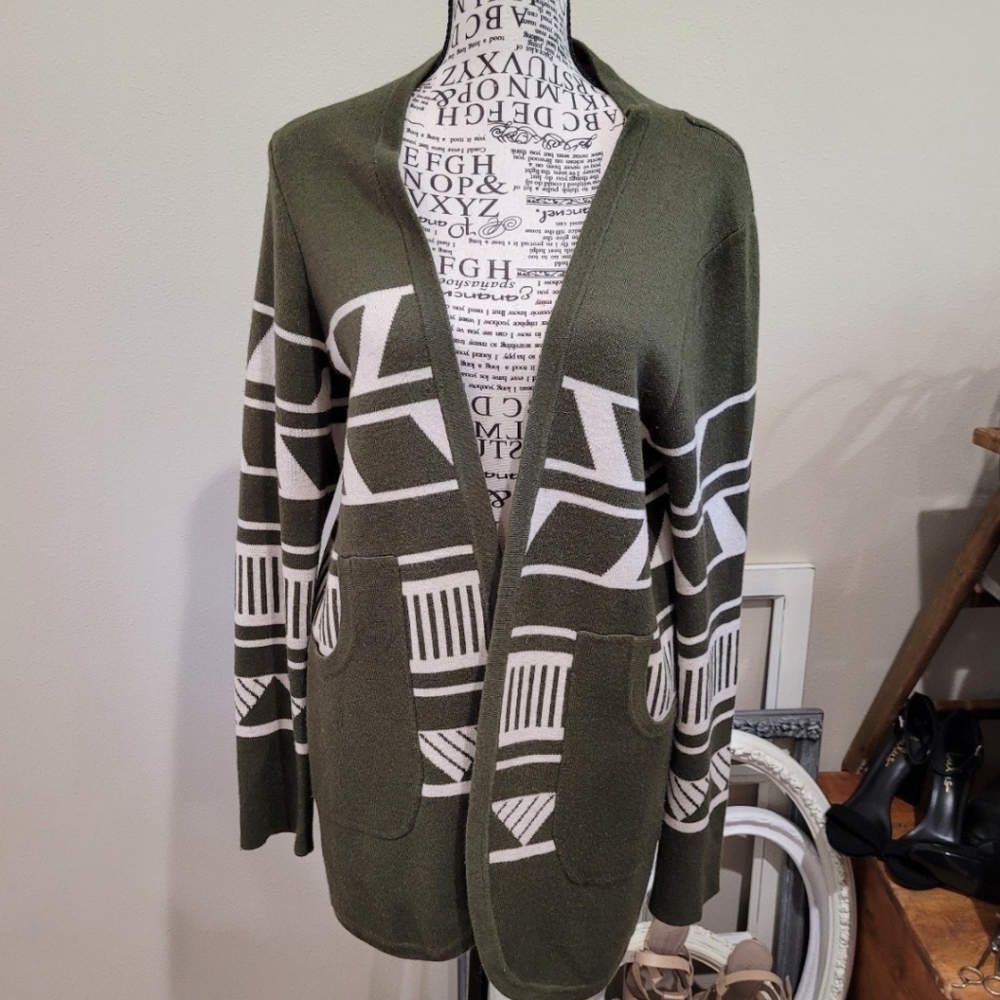 Pixley Wool Blend Olive and Cream‎ Cardigan Womens Size Med.